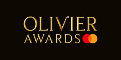 A black banner with gold Olivier Awards text & the Mastercard logo with red & yellow filled circles overlapping.