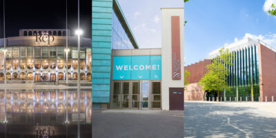 Composite image showing three theatre venues: Birmingham Rep lit up at night with a reflection in water; Royal & Derngate with a large turquoise “Welcome!” sign above the entrance; and Shakespeare North Playhouse with a modern brick and glass exterior on a sunny day.